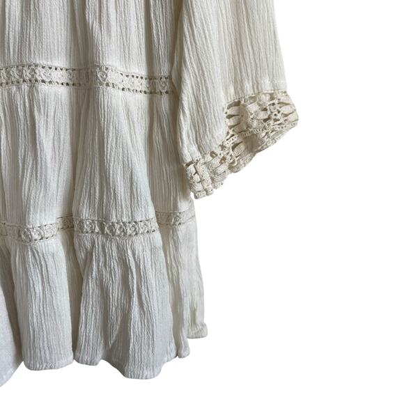 Japna Women Crop Top XS Ivory Embroidered Gauzy Crochet Inlet Boho Peasant Flowy - Picture 4 of 10